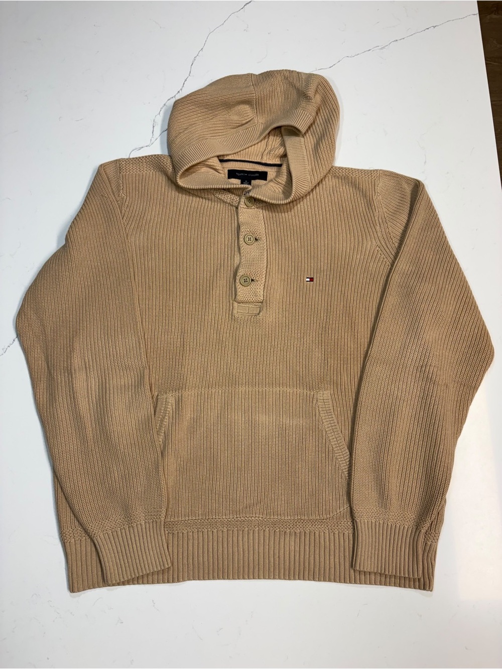 Tommy Hilfiger Mens Medium Hooded Cotton Knit 1/4 Button Pullover Sweater